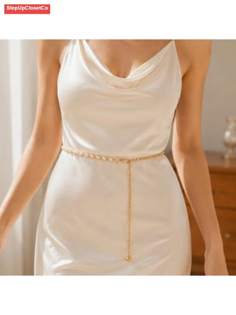 Adjustable Metal Waist Chain Belt with Pearl Accents, Lobster Clasp, Dainty